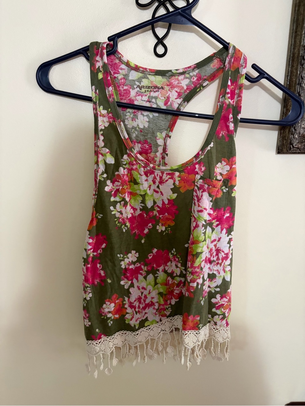Arizona Jean Company Olive Floral Tank with Lace Fringe